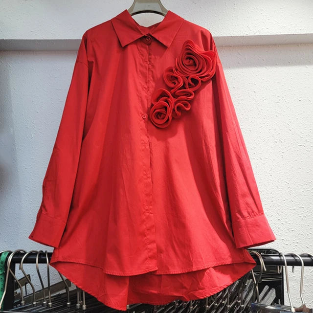 Fashion Women's Three-dimensional Flower T-shirts Loose Casual Long Sleeved Solid Color Tops Female  Autumn