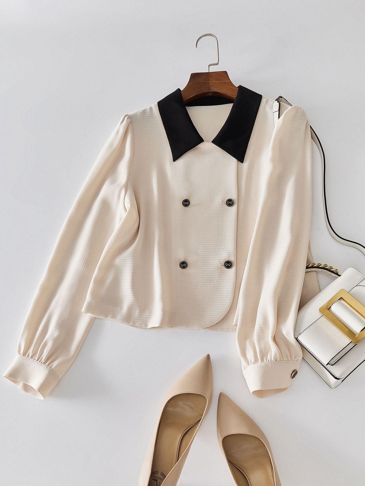 Two-Way Wear Twill Texture Color-Blocking Tweed Style Shirt Jacket, Apricot, Long Sleeve Top for Petite Women