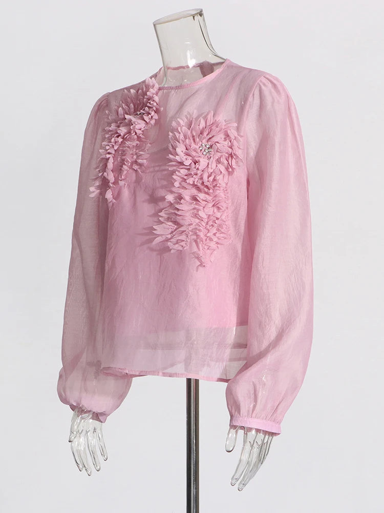 Patchwork Appliques Temperament Shirts For Women Round Neck Lantern Sleeve Chic Loose Shirt Female Fashion Clothes