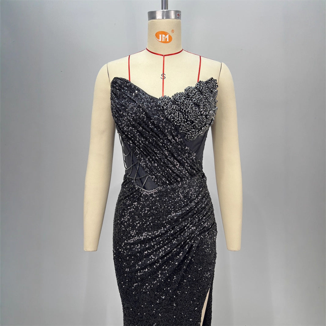 Spring and Summer New Women's Off-the-Shoulder Sequined Sexy Evening Dress Halter Sequined Sleeveless Party Dress Long Skirt