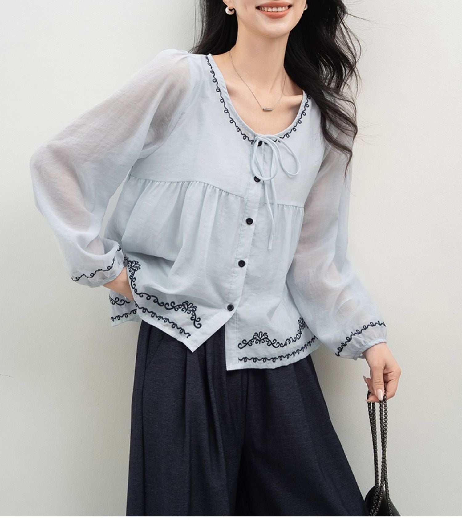 Heart Signal Blue Shirt Women Long Sleeve Embroidered Tie-Up Blouse Peter Pan Collar Top