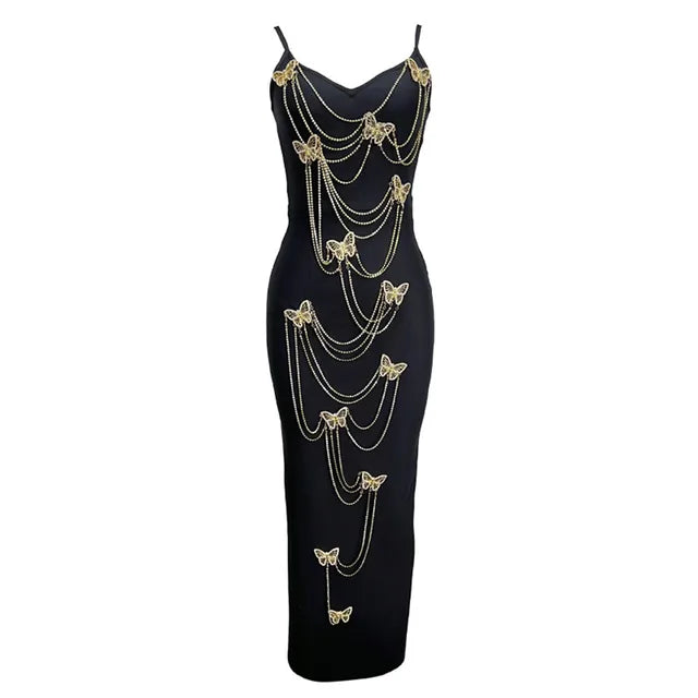 Fashionable and elegant party dress with embroidered butterfly bead chain dress