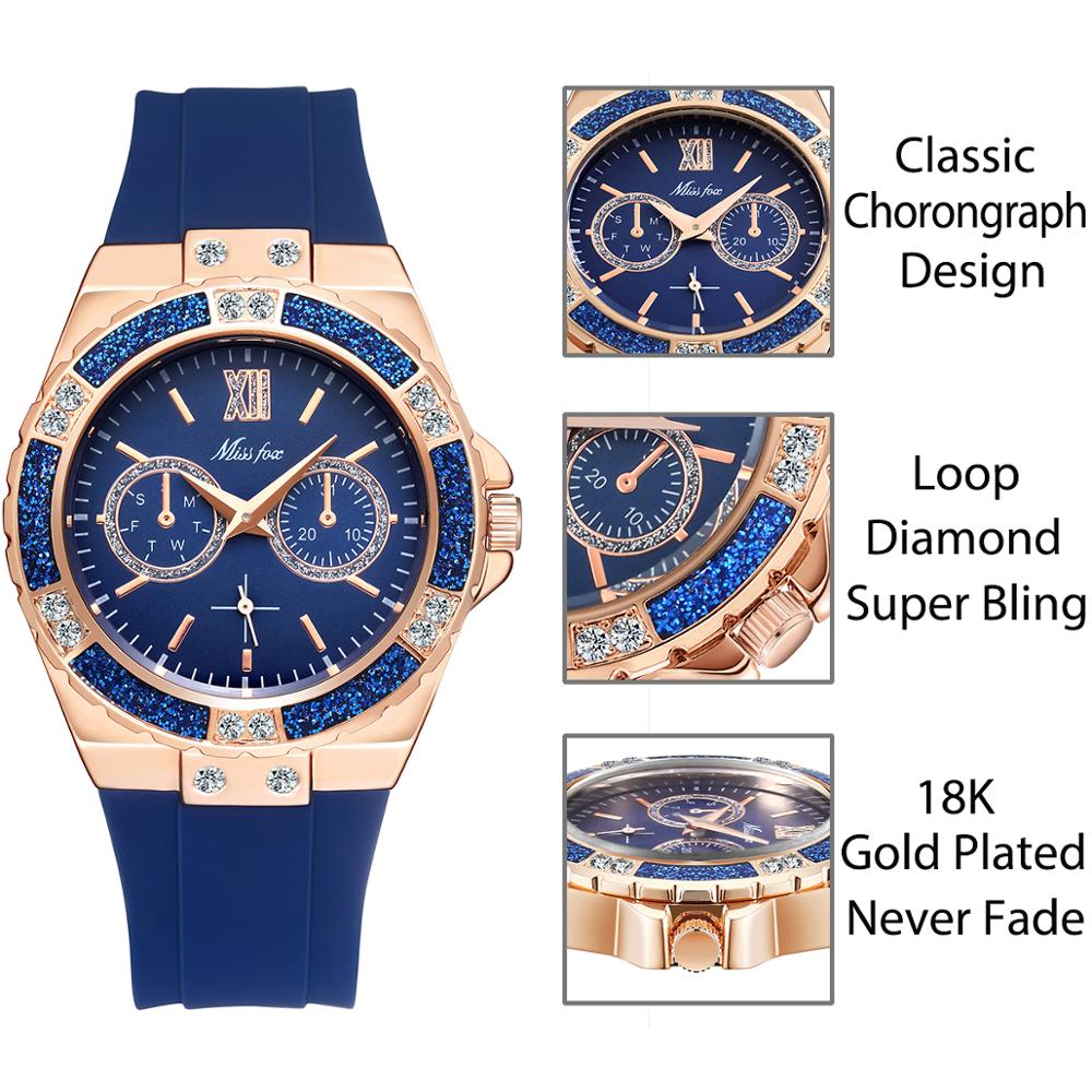 MISSFOX  2593 Women's Watches Chronograph Rose Gold Sport Watch Ladies Diamond Blue Rubber Band Xfcs Analog Female Quartz Wristwatch