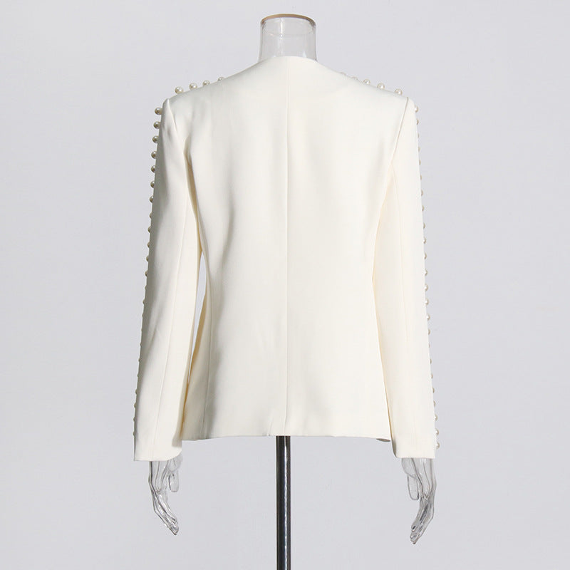 Pearl decorated mini suit high-end V-neck solid color suit jacket for women
