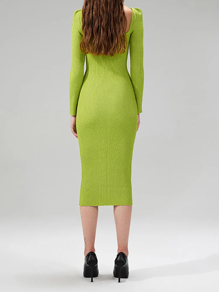 Knitted Dress Square Collar Long Sleeve Hollow Out Slim Female Elegant Dresses Autumn
