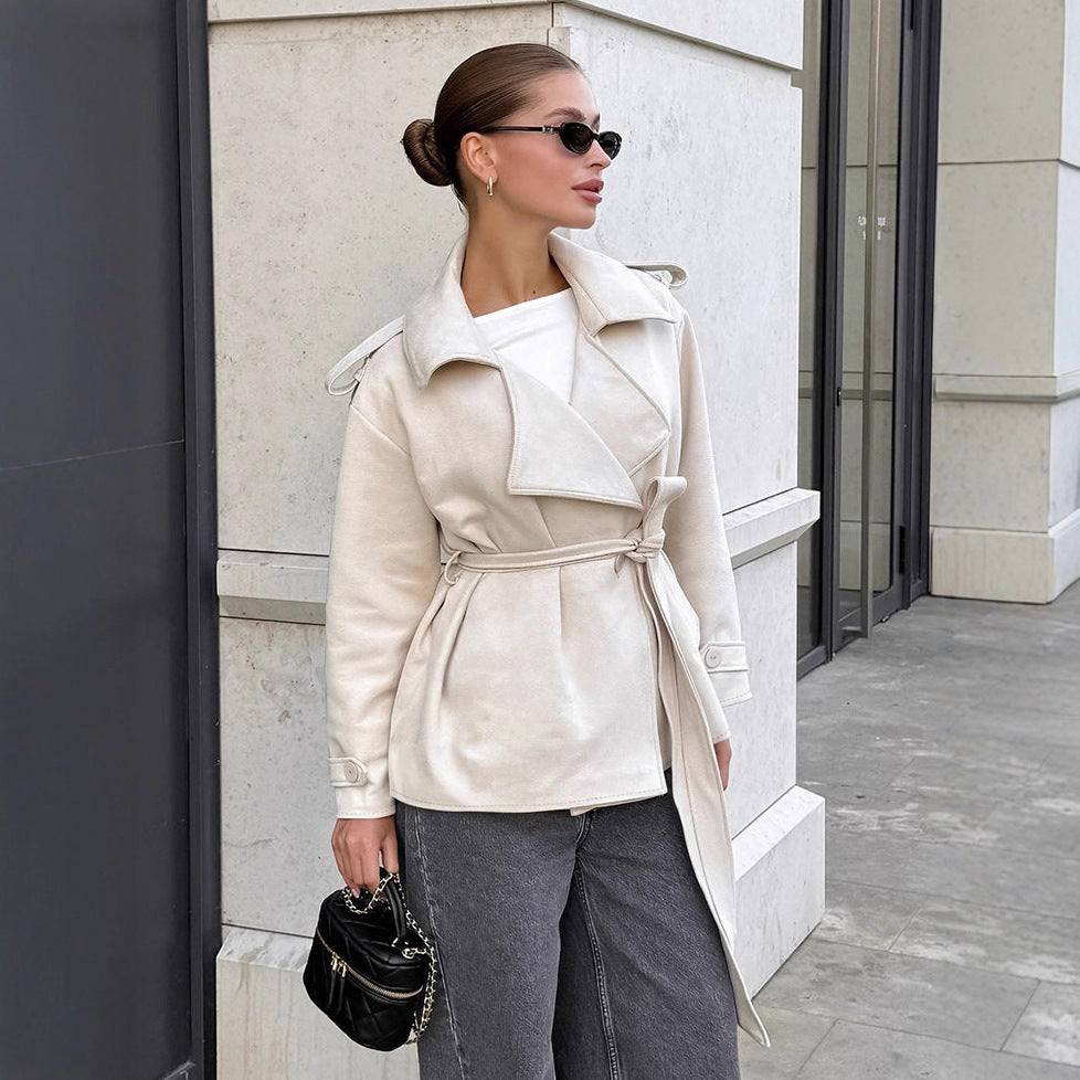 Tie up bow windbreaker suede jacket