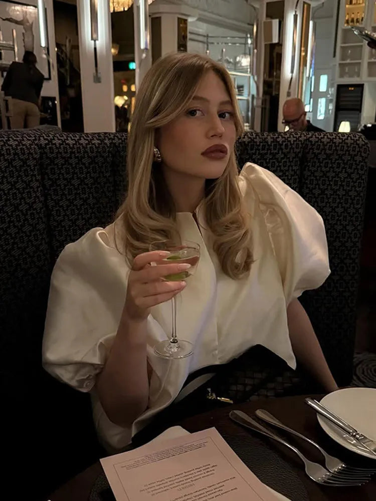 Solid Satin New Women's Blouse Top With Pouf Balloon Sleeve Spring Summer Female Sleeves O Neck Loose Short Shirt Female Blouses