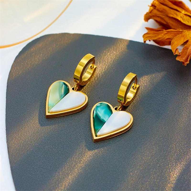 Stainless Steel  Gold Plated New Green Heart Acrylic Statement Earrings For Women Female Party Gift Brincos