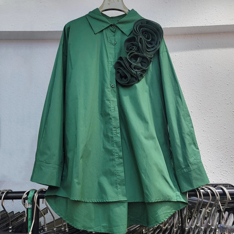 Fashion Women's Three-dimensional Flower T-shirts Loose Casual Long Sleeved Solid Color Tops Female  Autumn