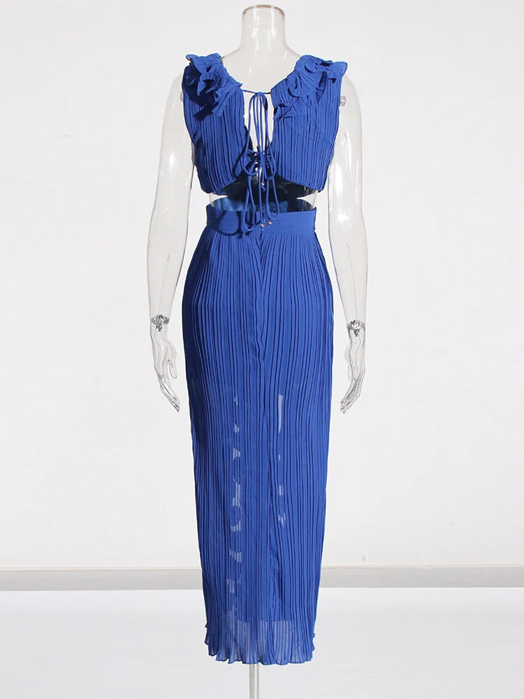 Solid Patchwork Folds Slimming Dresses For Women V Neck Sleeveless High Waist Temperament Dress Female