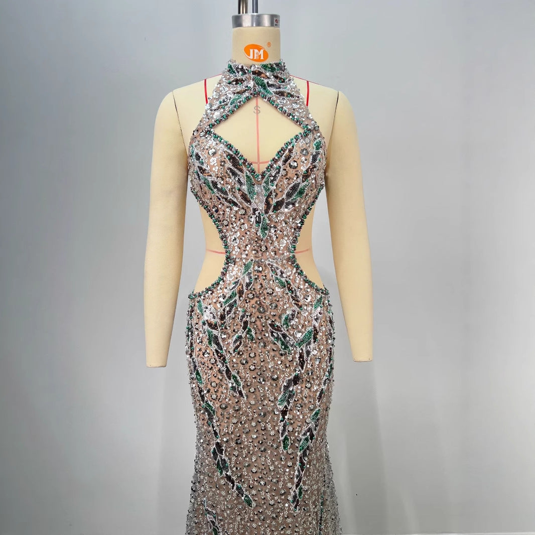 Colorful Diamond Decorated Fitted Round Neck Halter Bodycon Party Dress