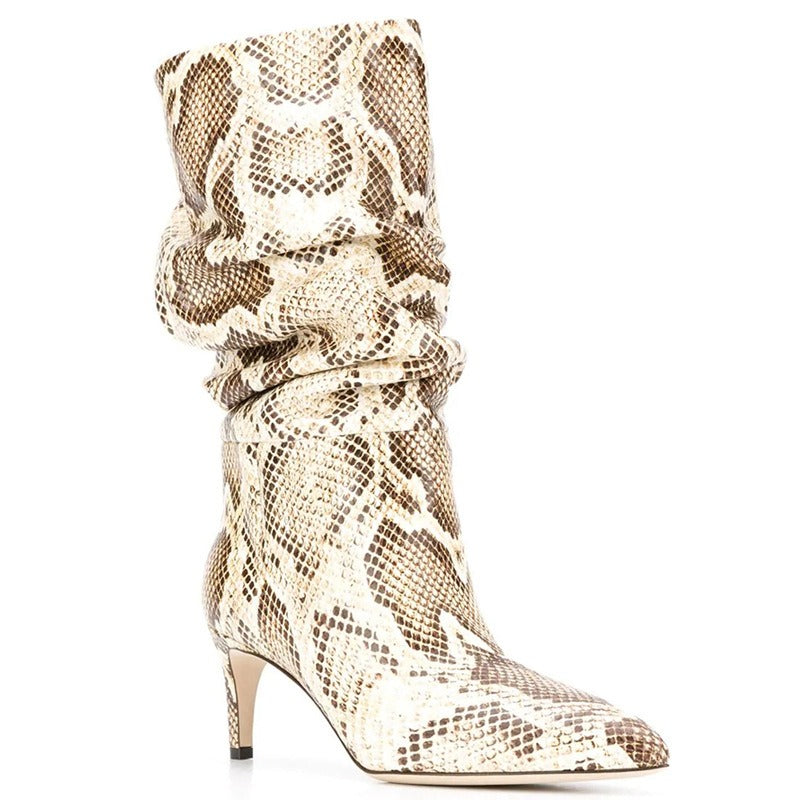 Women Fold Over Boots Pointed Toe Handmade Female Fashion Mid-Calf Boots Snake Microfiber High Boots Party Shoes