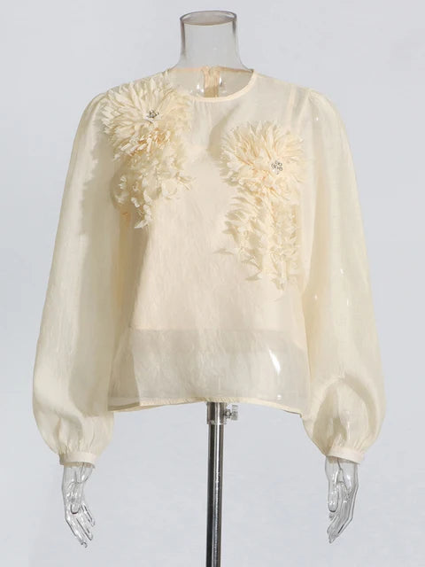 Patchwork Appliques Temperament Shirts For Women Round Neck Lantern Sleeve Chic Loose Shirt Female Fashion Clothes