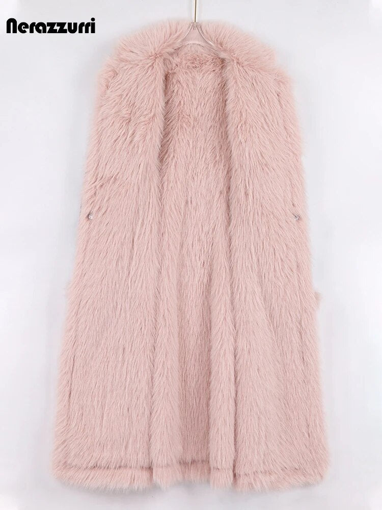 Winter Long Black Fitted Thick Warm Pu Leather Coat Women with Pink Hairy Shaggy Fluffy Faux Fur Inside Runway Parka