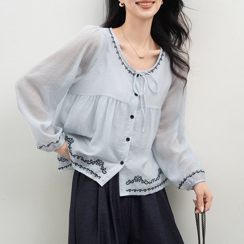 Heart Signal Blue Shirt Women Long Sleeve Embroidered Tie-Up Blouse Peter Pan Collar Top