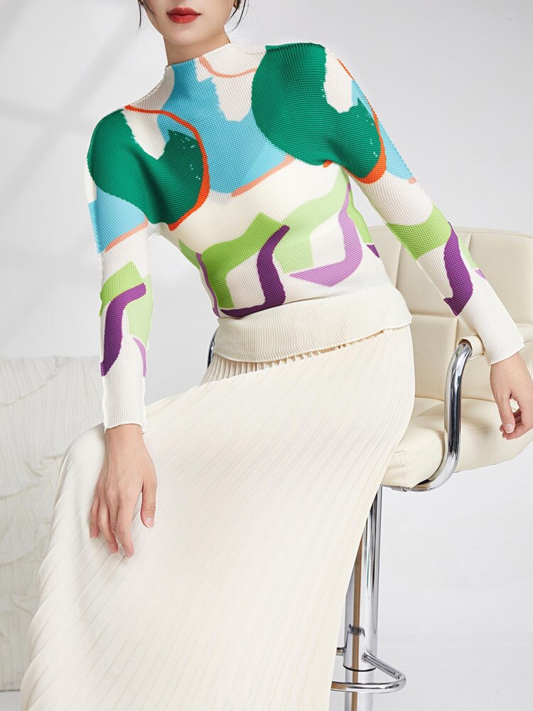 Print Pleated T-shirts For Women Spring New Long Sleeve Stand Collar Slim Casual Breathable Clothing Female 17G1384