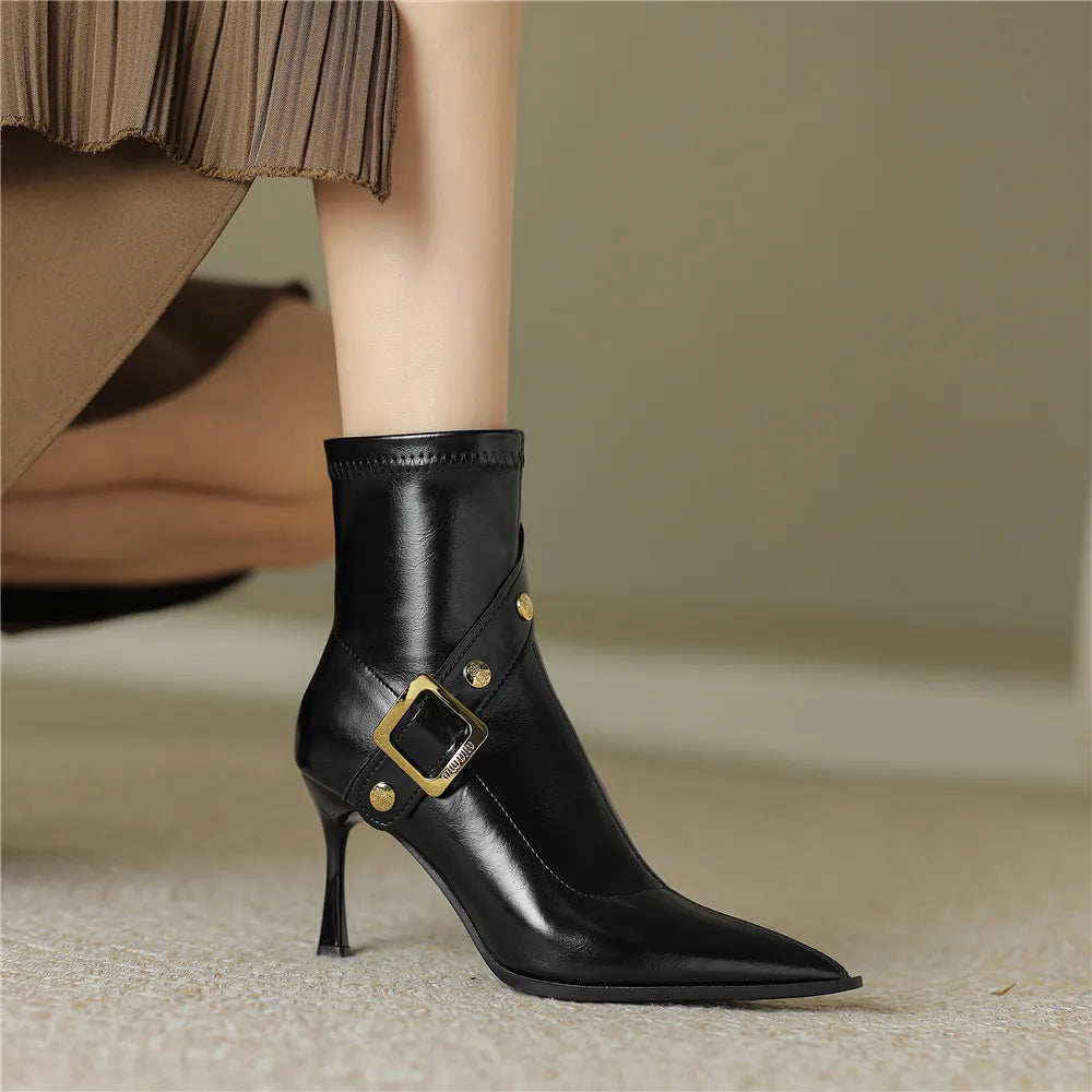 Pointed Toe Women Cow Leather Ankle Boots Thin Heels Zippers Solid Color Metal Rivet Dress Party Shoes