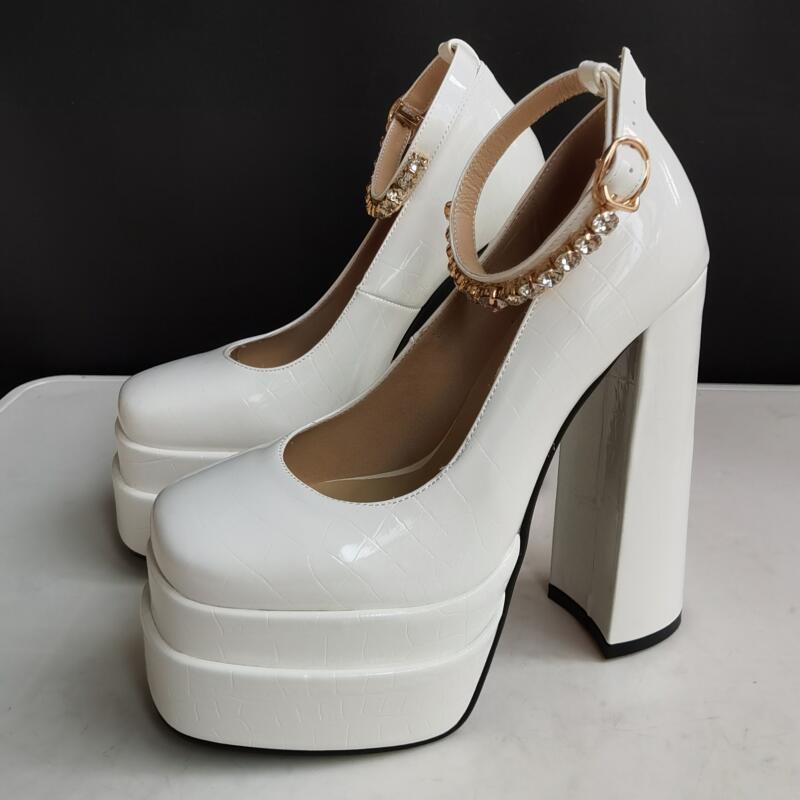 New Sexy Crocodile Pattern Pumps Platform Thick High Heel Rhinestone Party Women's Shoes Black Green Spring Summer Big Size