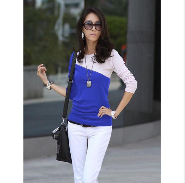 Autumn Spring Cotton Blend Women Round Neck Color Block Long Sleeve Long Sleeve T-Shirts