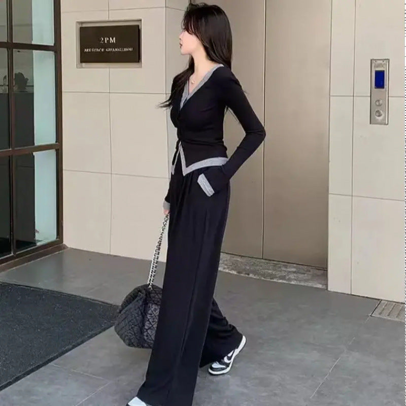 Two-Piece Set with Illusion Two-Piece Design Slimming Top + High-Waisted Slimming Wide-Leg Pants