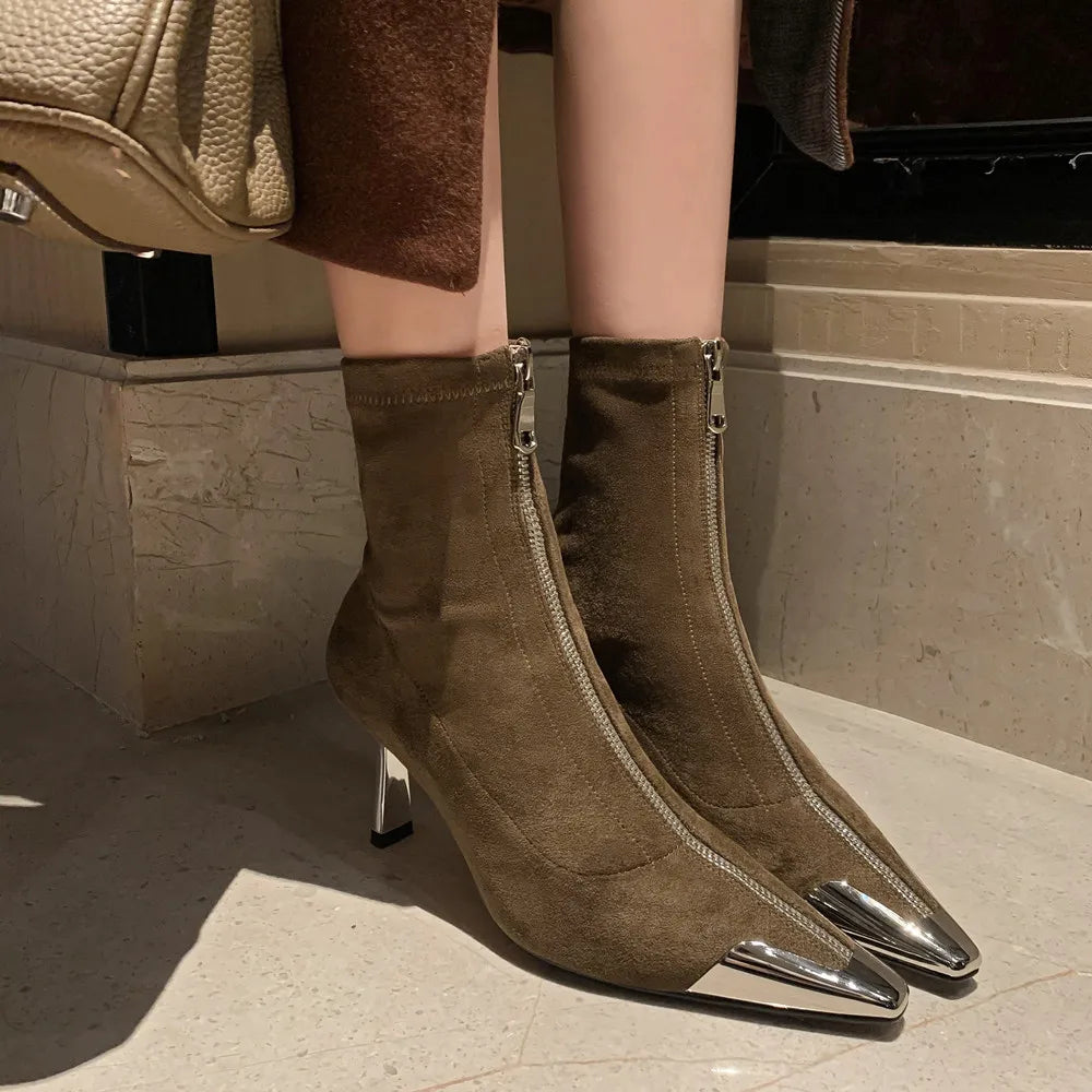 Thin High Heels Elegant Women Ankle Boots Fashion Metal Decoration Zipper Office Lady Party Shoes Woman Autumn Winter
