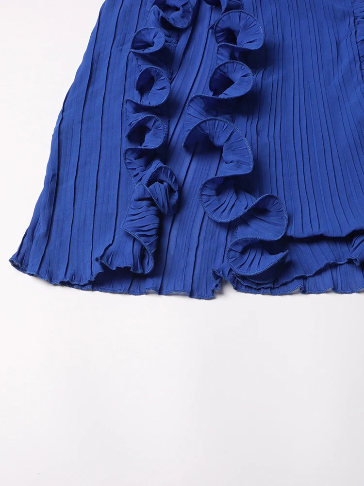 Solid Patchwork Folds Slimming Dresses For Women V Neck Sleeveless High Waist Temperament Dress Female