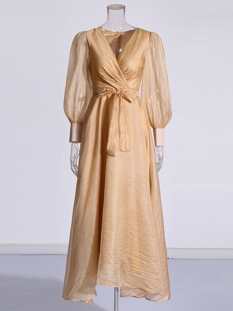 Solid Spliced Lace Up Elegant Dresses For Women V Neck Lantern Sleeve High Waist Patchwork Zipper Long Dress Female Fashion