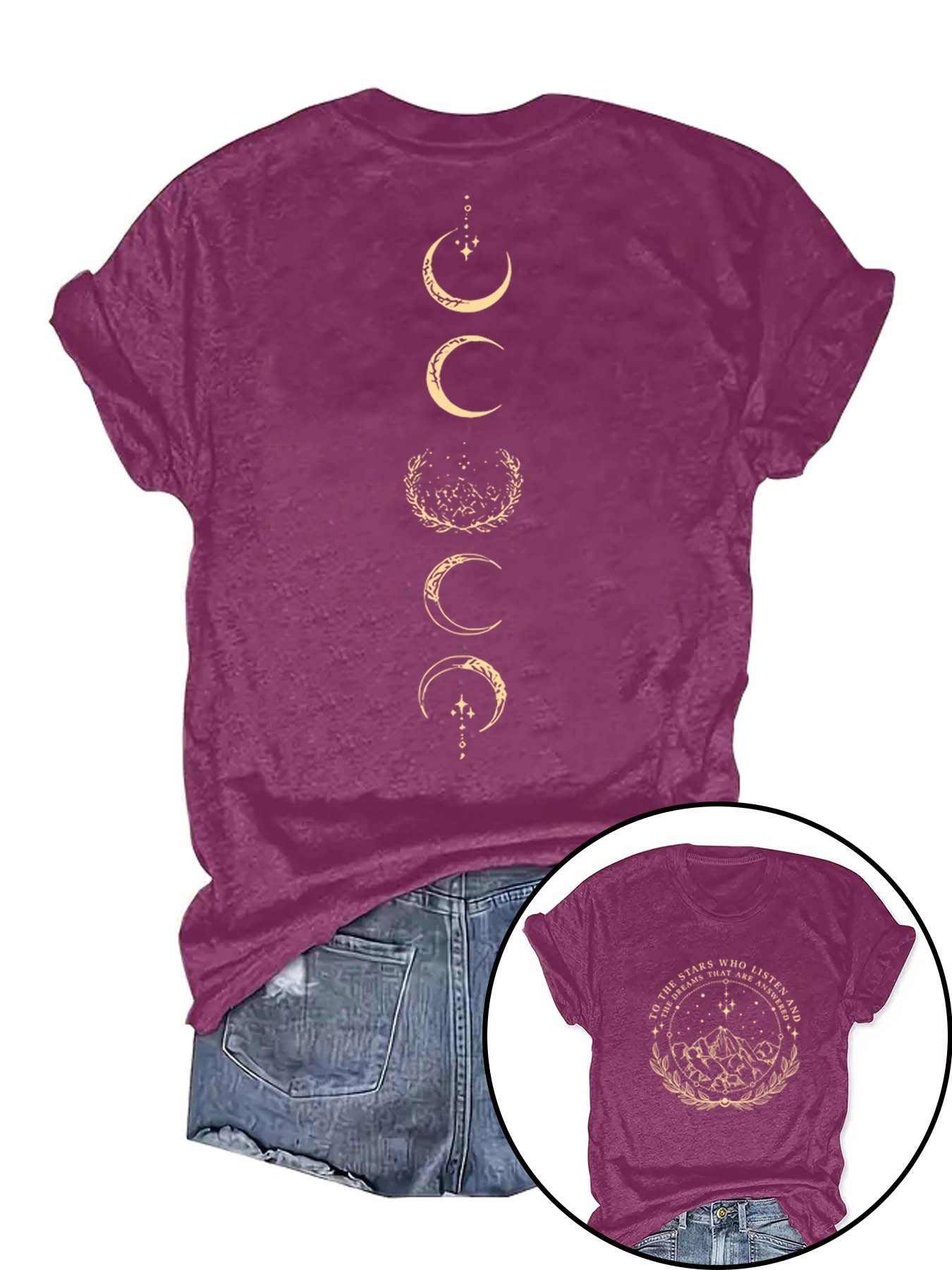 Moon pattern round neck short sleeved shirt