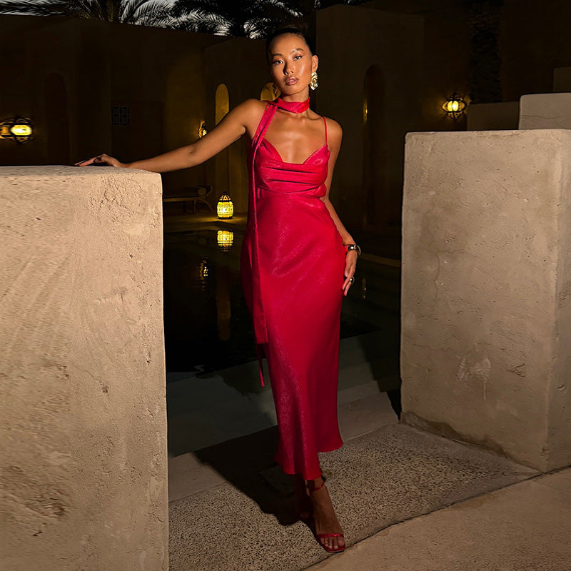 Sexy slim satin ribbon camisole skirt