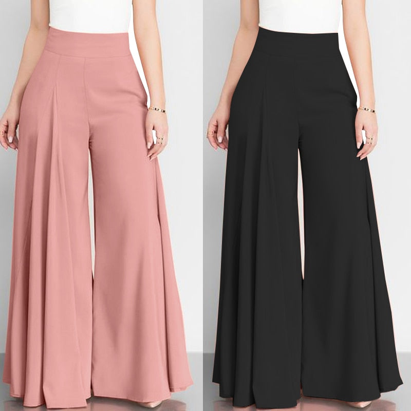 Women Elegant High Waist Wide Leg Pants Spring Vintage Flare Trousers Casual Solid Zipper Pantalon Female Palazzo