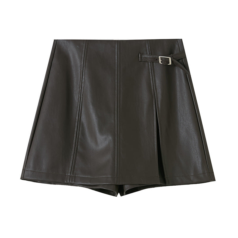 Vintage Brown PU Leather Skirt Pants for Women High Waist Slimming A-Line Wide Leg Pants Casual Style