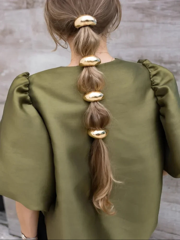 Solid Satin New Women's Blouse Top With Pouf Balloon Sleeve Spring Summer Female Sleeves O Neck Loose Short Shirt Female Blouses