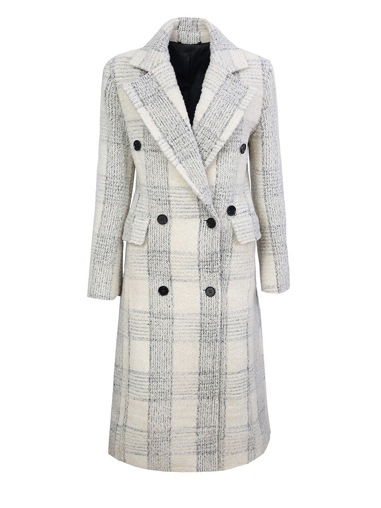 Loose Fit White Plaid Elegant Long Woolen Coat Parkas New Long Sleeve Women Fashion Trend Autumn Winter