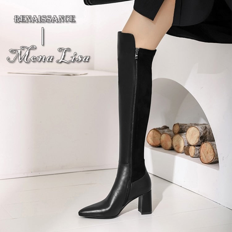 Vintage Female Over The Knee High Boots Newest Working Party Classic Basic Cow Leather Women's Shoes