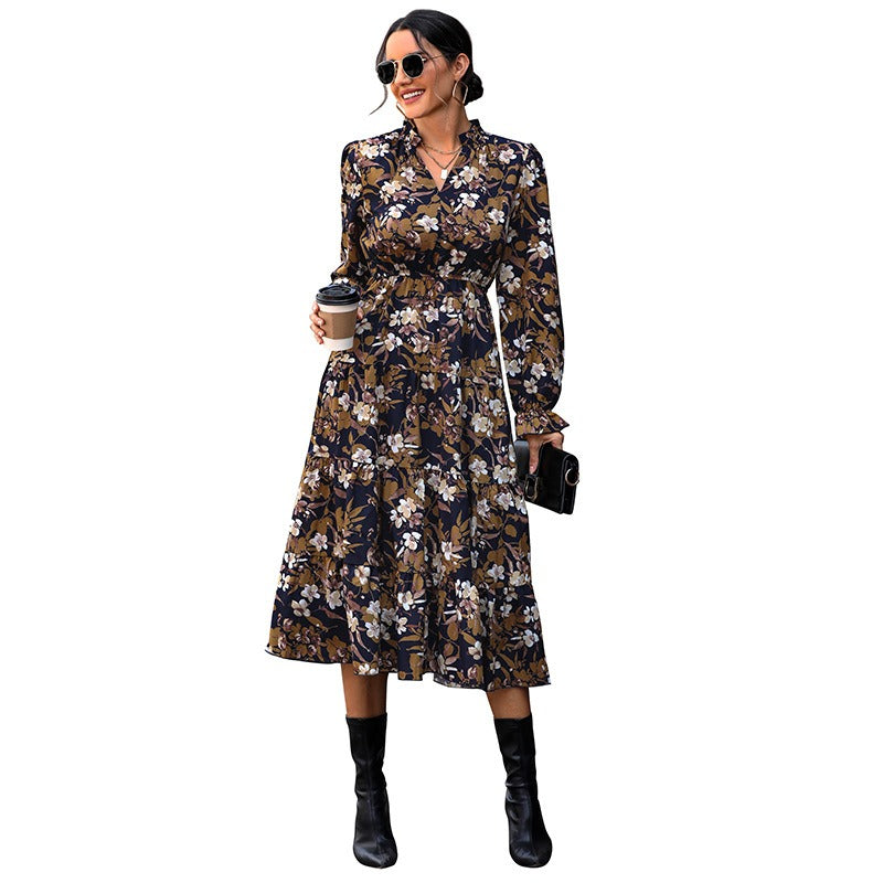 New autumn and winter women's printed European and American dresses with a sense of female design