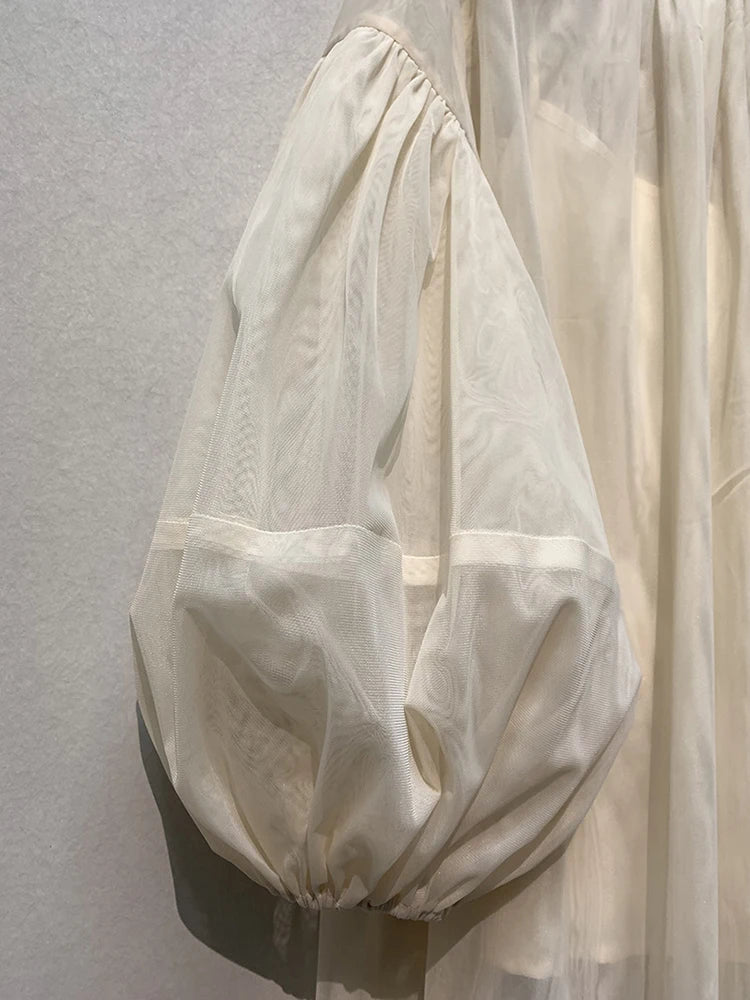 Summer Mesh Shirts For Women Round Neck Lantern Sleeve Loose Minimalist Folds Casual Pullover Korean Blouse Female New