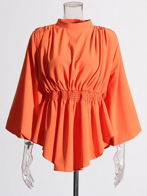 Solid Casual Loose Shirts For Women Round Neck Puff Sleeve Tunic Patchwork Folds Temperament Shirt Female Fashion