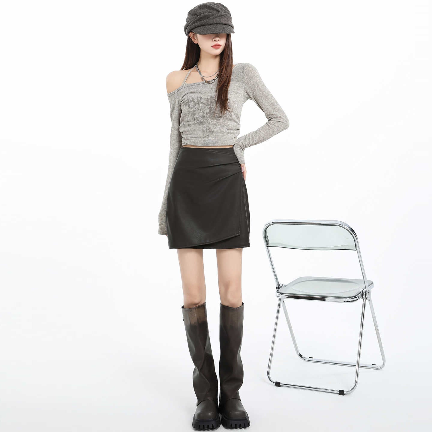 Irregular Pleated PU Leather Skirt Women High Waist Slim Fit Bodycon A-Line Mini Skirt