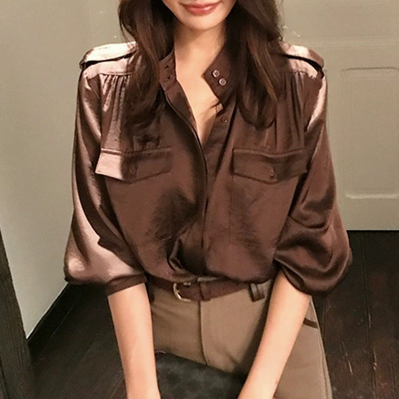 Vintage Style Designer Satin Blouse for Women,  Unique Loose Fit, Slimming Long Sleeve Top