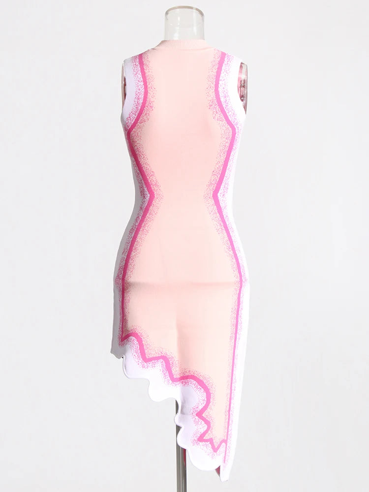 Hit Color Irregular Dresses For Women Round Neck Sleeveless High Waist Slimming Dress Female Fashion