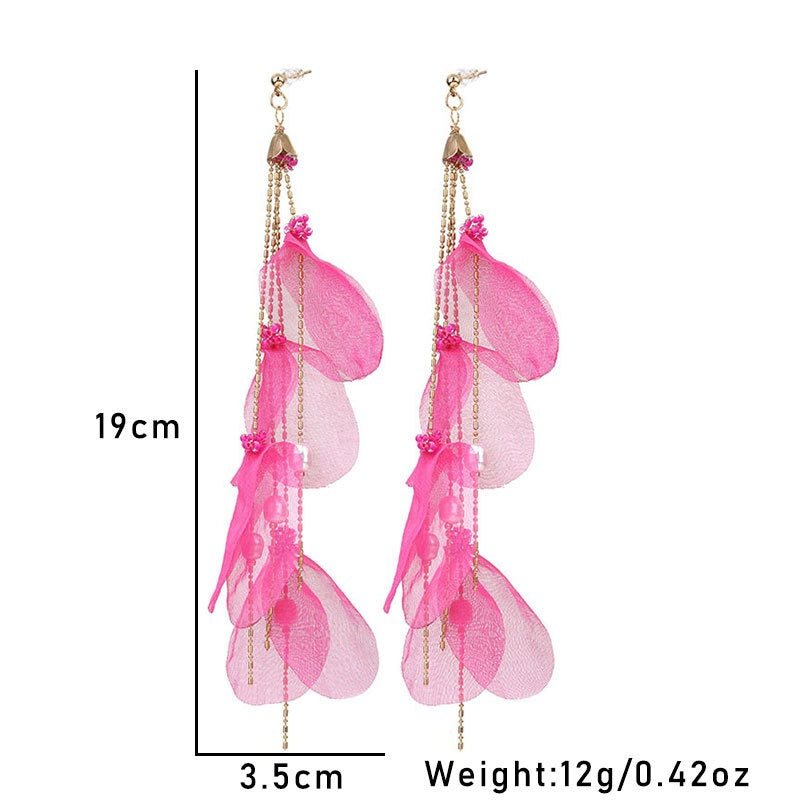 Handmade fabric pearl earrings female super fairy long tassel earrings