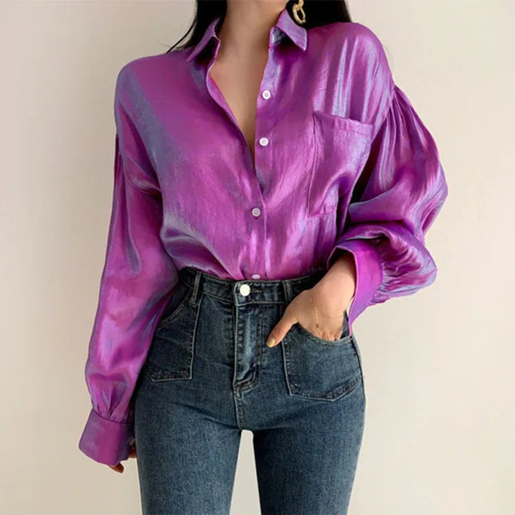 Gradient Color Shirts Womens Fashion Bright Blouse Female Elegant Lapel Button Blusa Casual Puff Sleeve Top Oversize