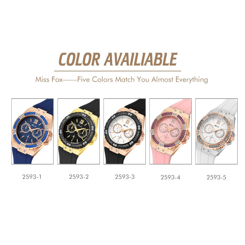 MISSFOX  2593 Women's Watches Chronograph Rose Gold Sport Watch Ladies Diamond Blue Rubber Band Xfcs Analog Female Quartz Wristwatch