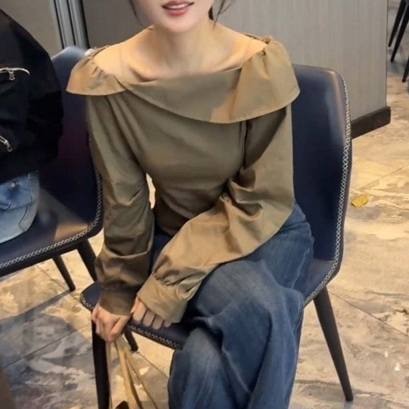 Commuter Top with Design Sense, Style Khaki Off-Shoulder Long Sleeve Elegant Women's Shirt