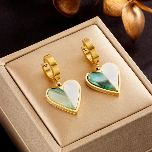 Stainless Steel  Gold Plated New Green Heart Acrylic Statement Earrings For Women Female Party Gift Brincos