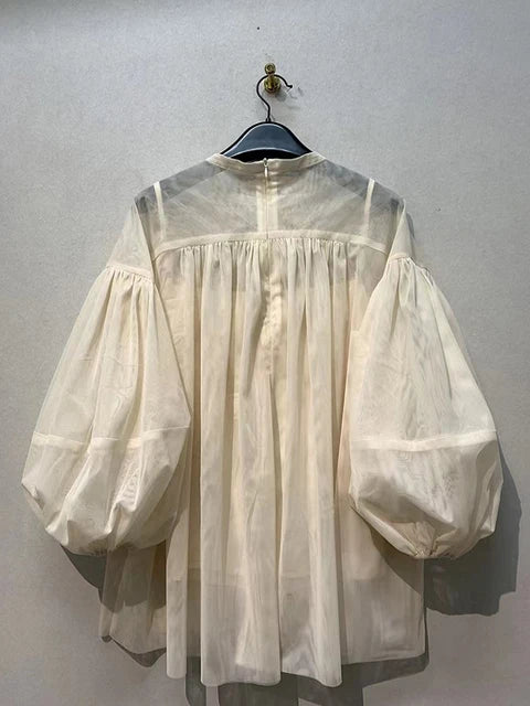 Summer Mesh Shirts For Women Round Neck Lantern Sleeve Loose Minimalist Folds Casual Pullover Korean Blouse Female New