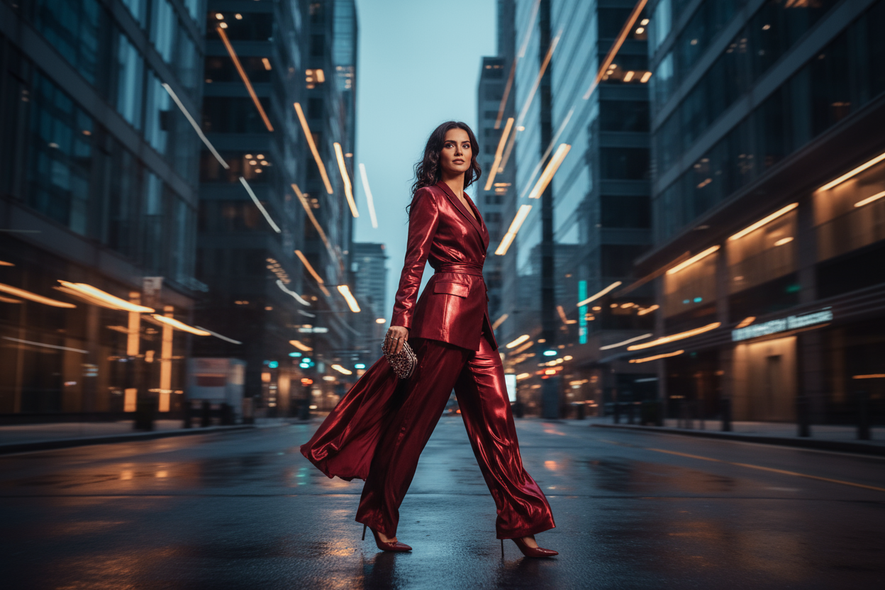 generate a realistic cinematic 8k studio quality image of a stylish female model is walking on city street wearing a glossy wine-red suit 