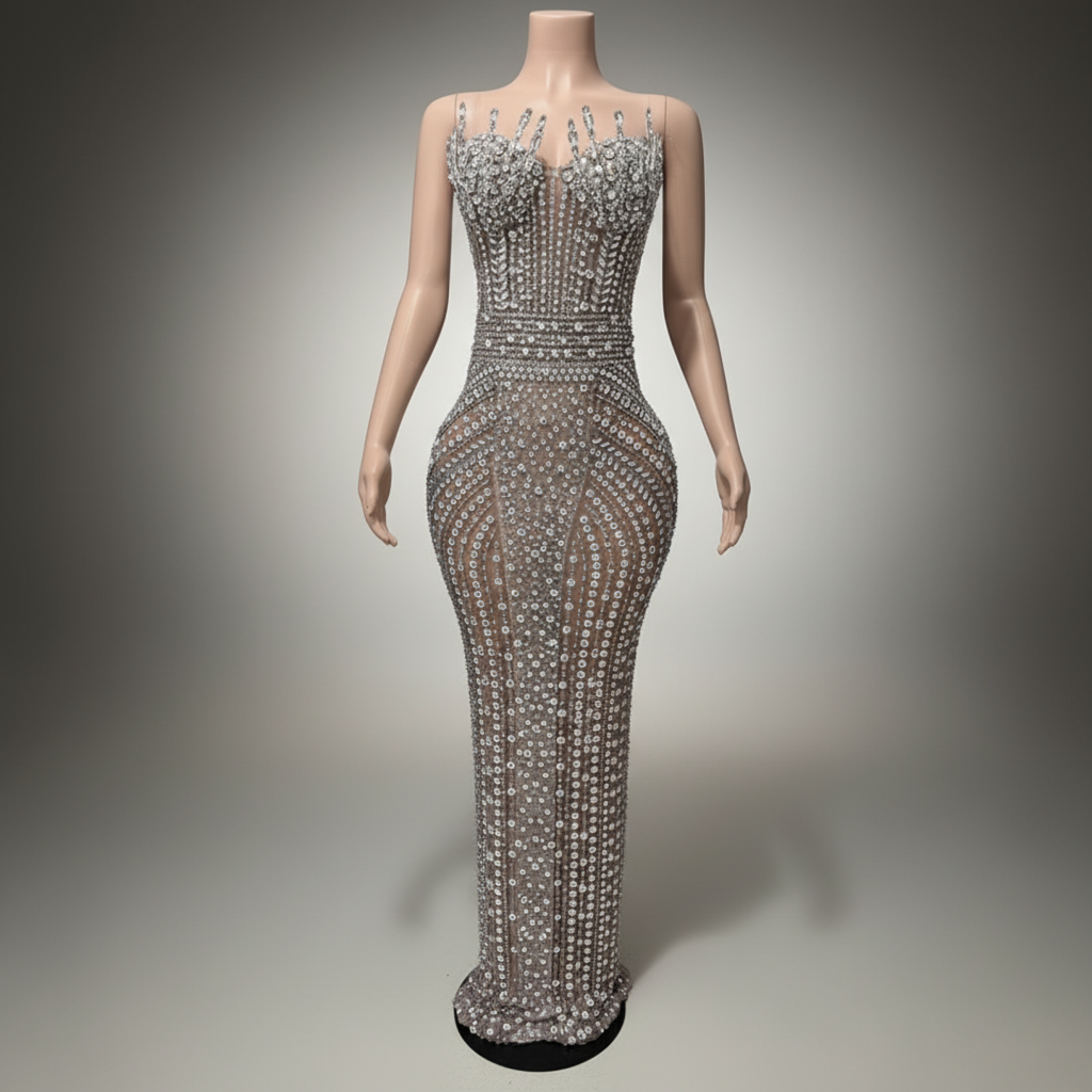 Super Flash Full Rhinestone Dress Waist-Slimming Slim Sleeveless Design Sense Evening Gown Stage Hosting Performance Dress