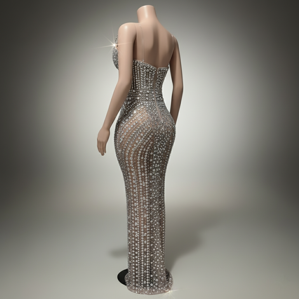 Super Flash Full Rhinestone Dress Waist-Slimming Slim Sleeveless Design Sense Evening Gown Stage Hosting Performance Dress